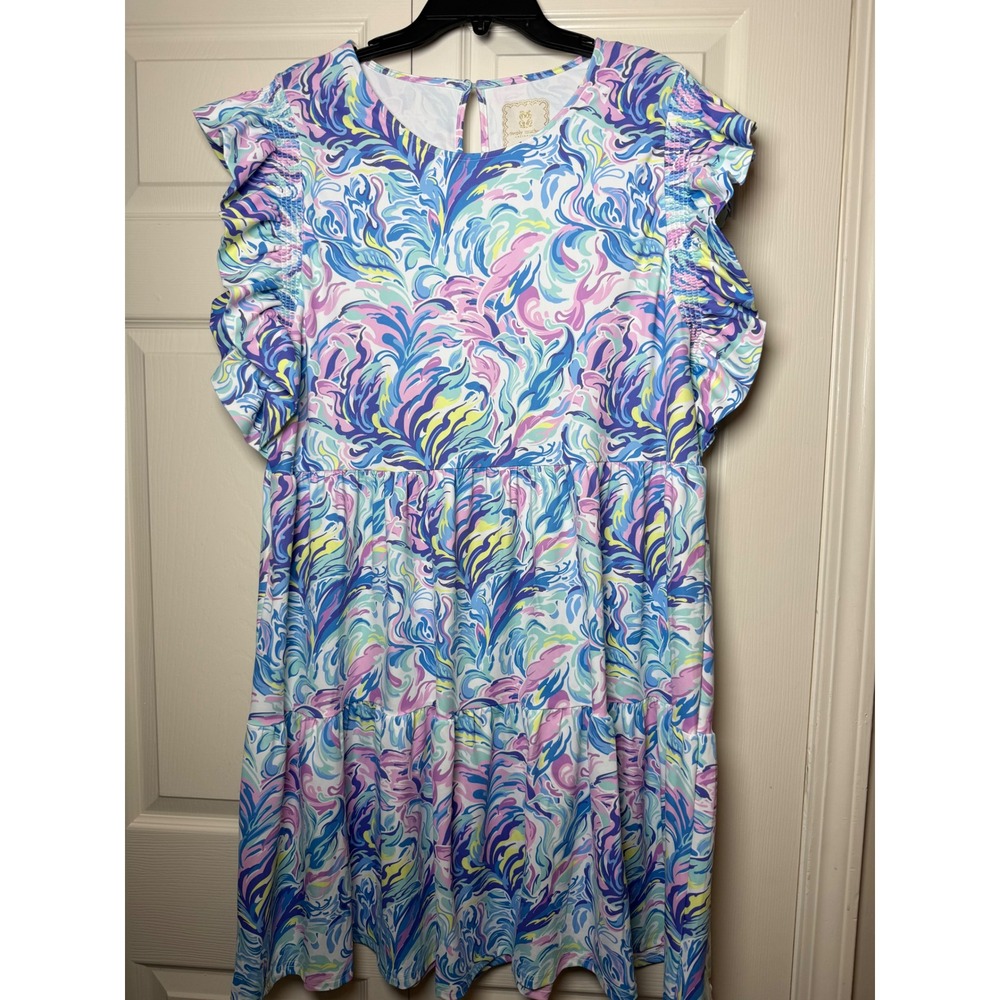 Simply Southern Watercolor Ruffle Sleeve Tiered Dress XL UPF 50+ Blue Pink New - Picture 1 of 10